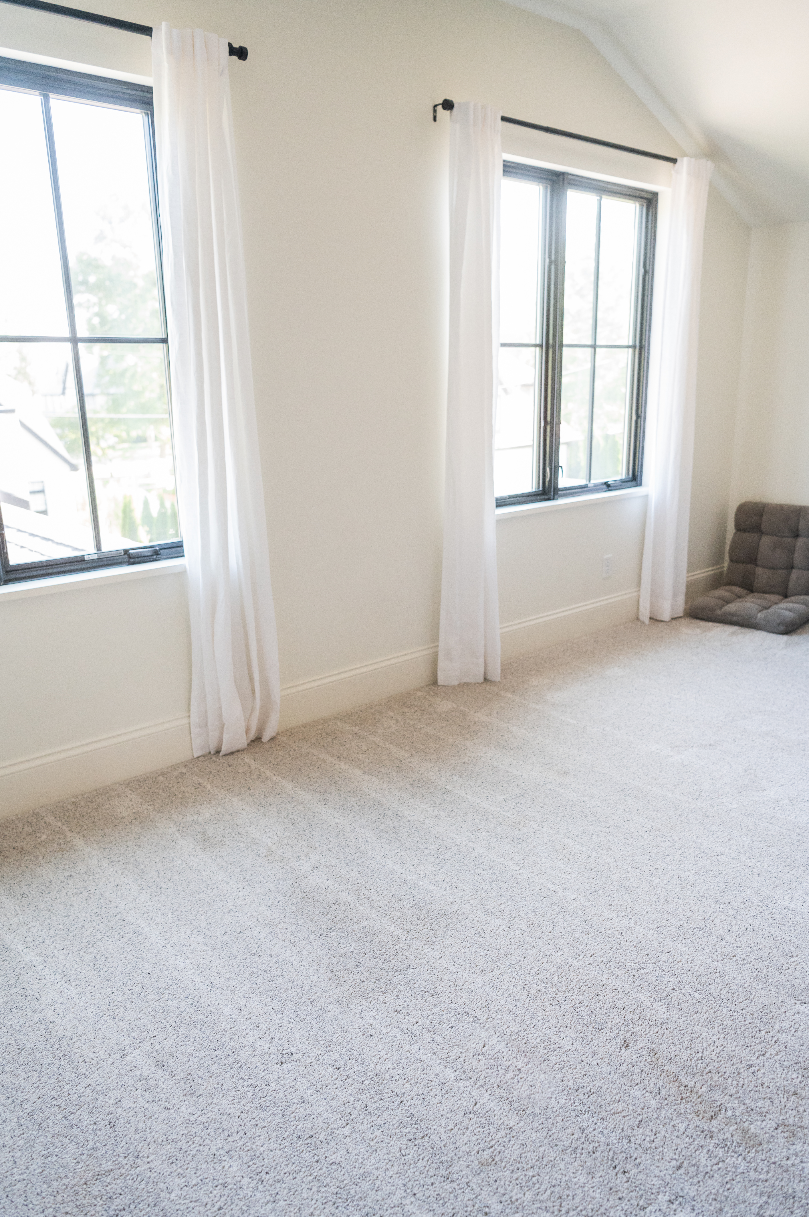 A freshly vacuumed, bright and clean carpeted room with natural light streaming through large windows, showcasing the effectiveness of a high-quality vacuum cleaner.