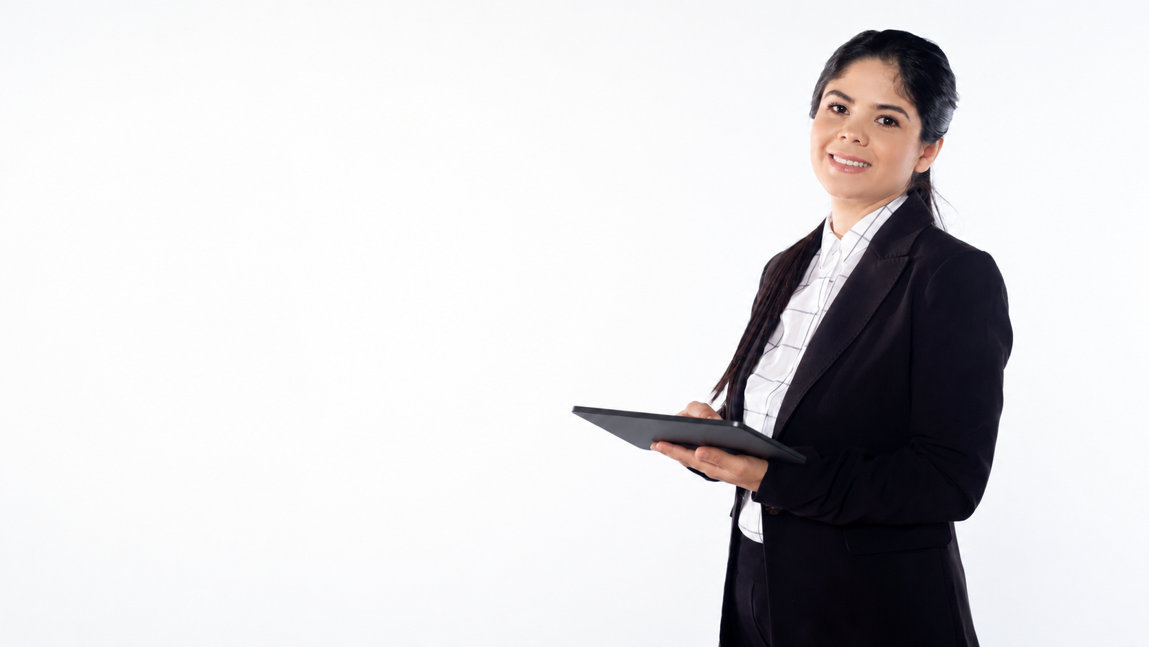 Professional woman holding a tablet for a contact request or quote form
